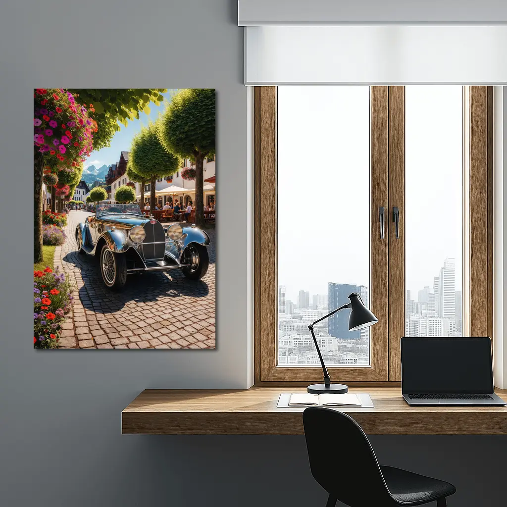 Vintage Bugatti Roadster on Cobblestone European Street – Wall Art
