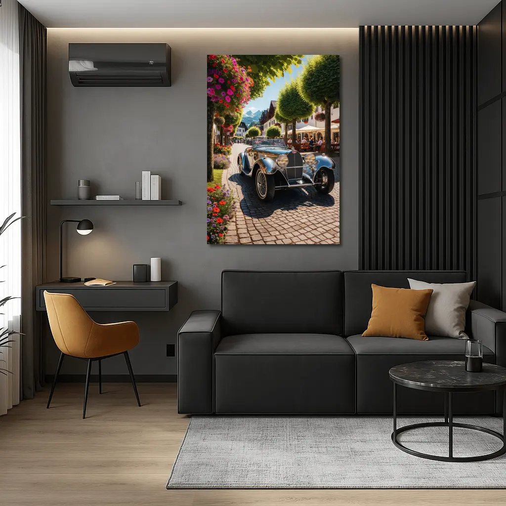Vintage Bugatti Roadster on Cobblestone European Street – Wall Art