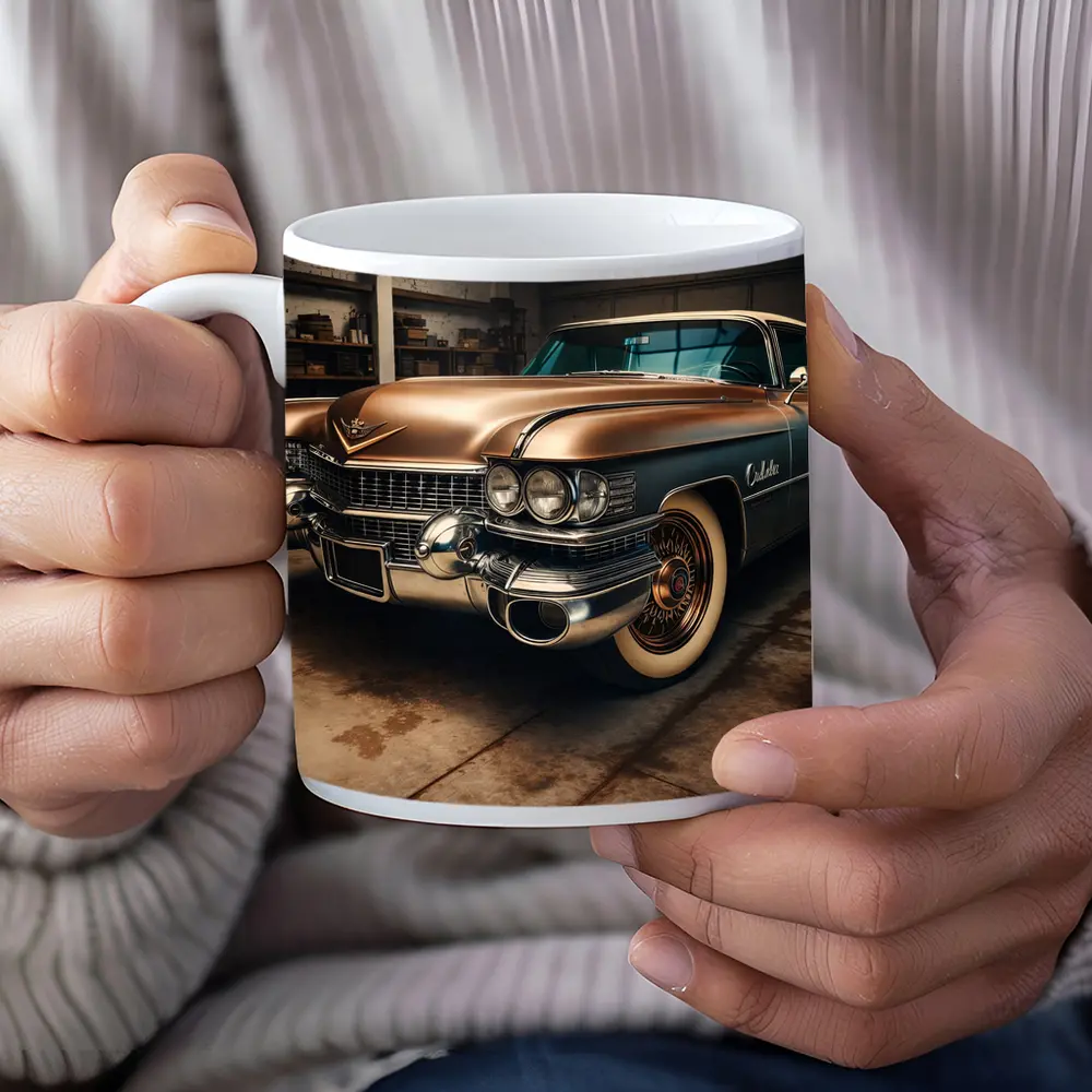 Vintage Cadillac Classic Car in Old Garage – Mugs