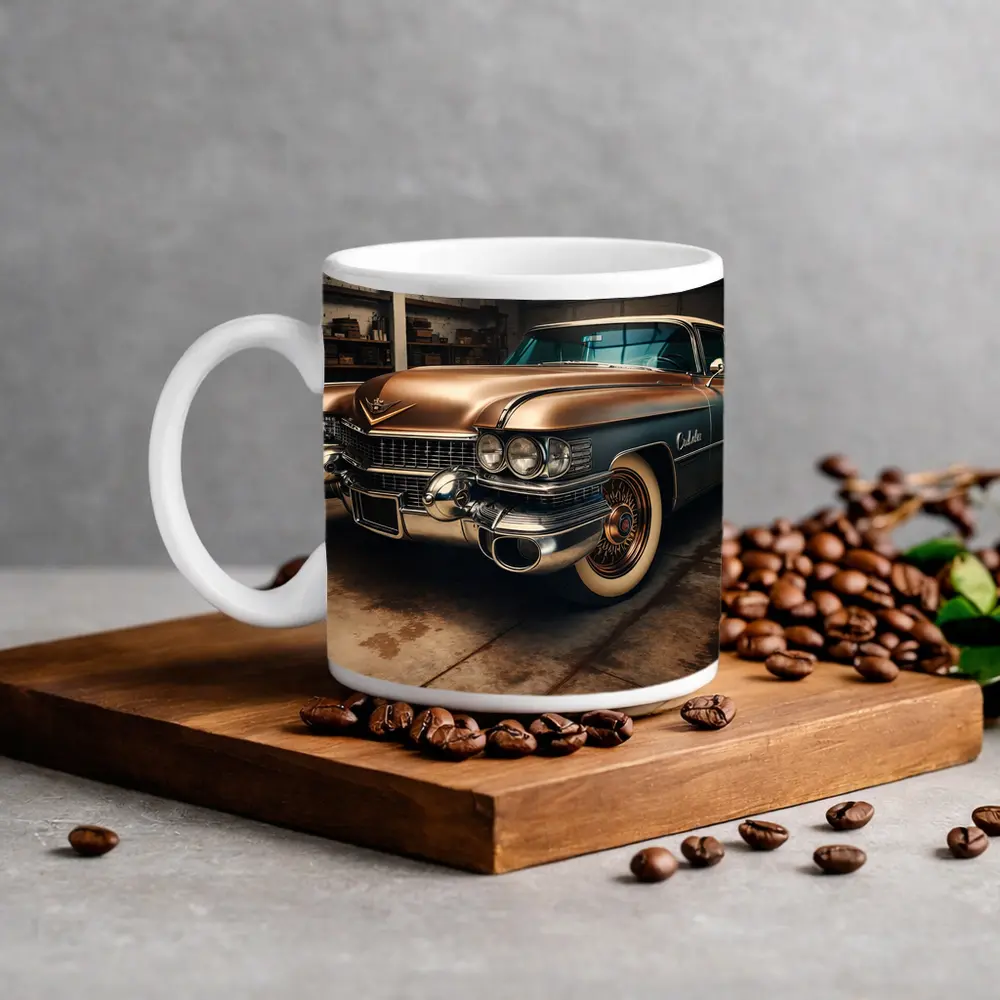 Vintage Cadillac Classic Car in Old Garage – Mugs