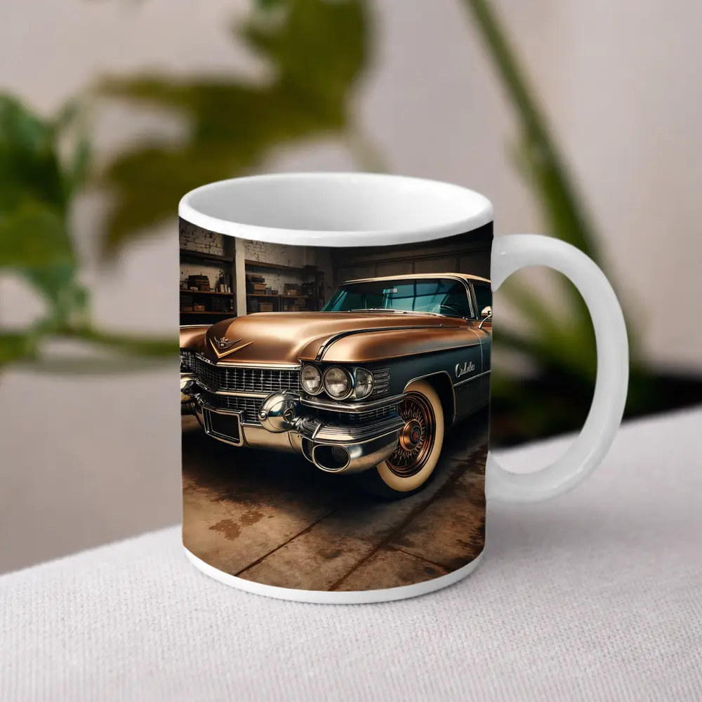 Vintage Cadillac Classic Car in Old Garage – Mugs