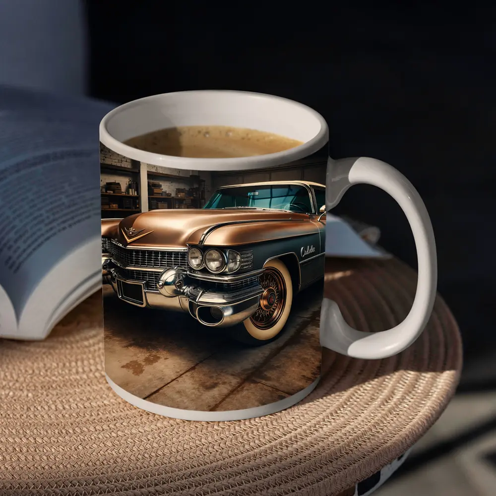 Vintage Cadillac Classic Car in Old Garage – Mugs