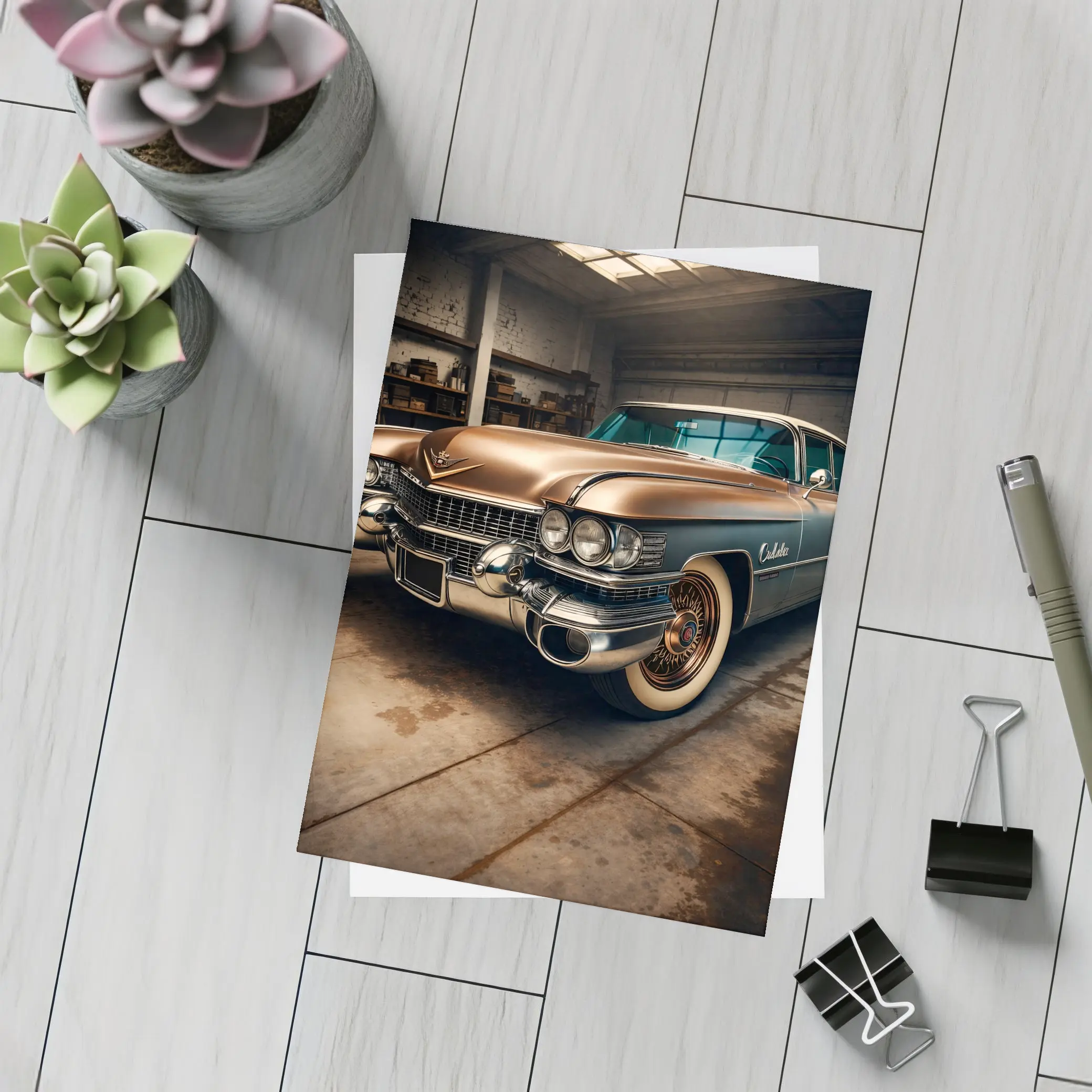 Vintage Cadillac Classic Car in Old Garage – Postcards