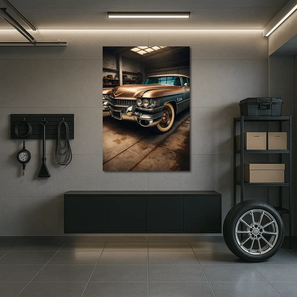 Vintage Cadillac Classic Car in Old Garage – Wall Art