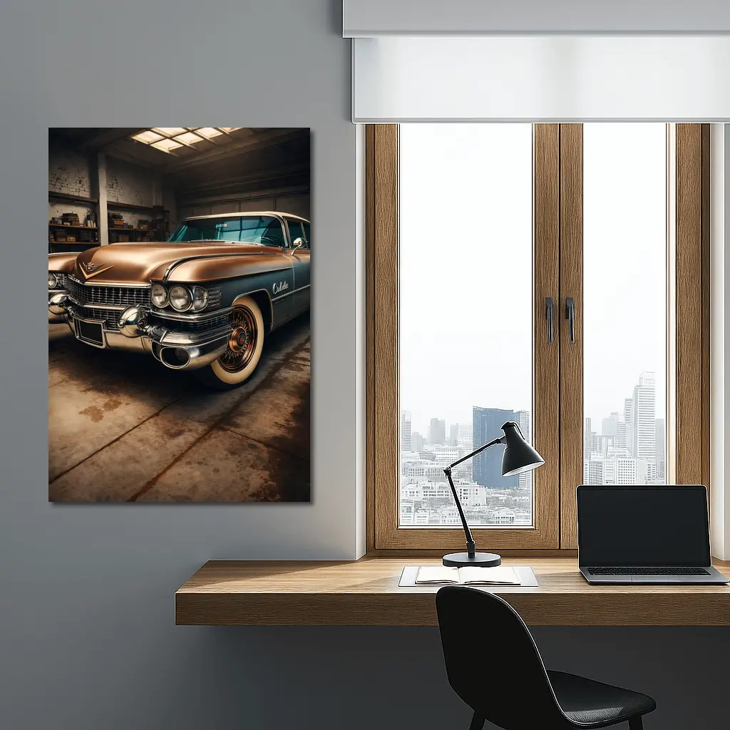 Vintage Cadillac Classic Car in Old Garage – Wall Art