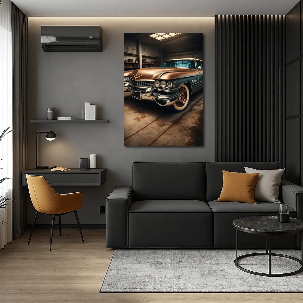 Vintage Cadillac Classic Car in Old Garage – Wall Art