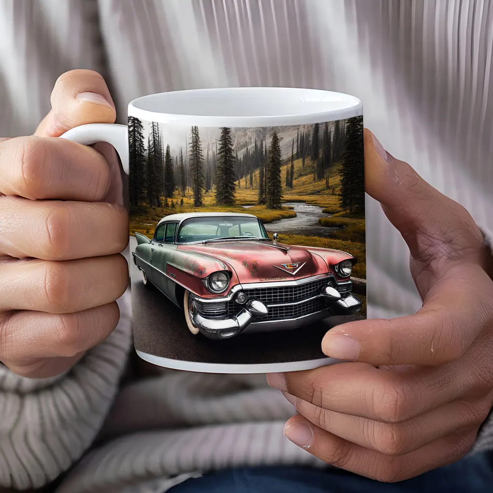 Vintage Cadillac Classic Car Misty Forest Road – Mugs
