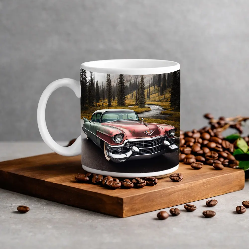 Vintage Cadillac Classic Car Misty Forest Road – Mugs
