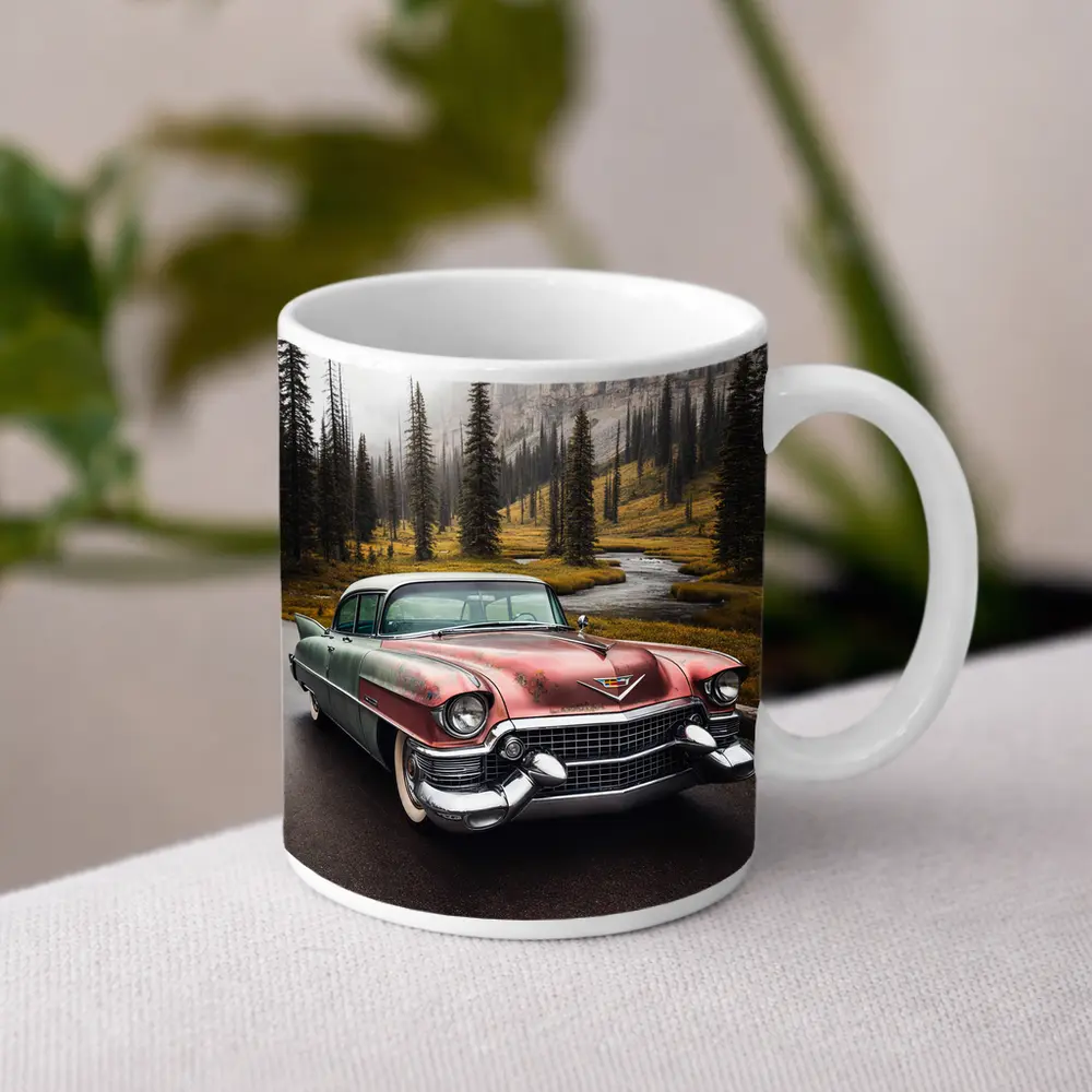 Vintage Cadillac Classic Car Misty Forest Road – Mugs
