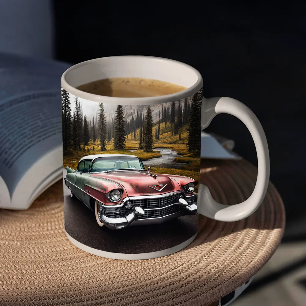 Vintage Cadillac Classic Car Misty Forest Road – Mugs
