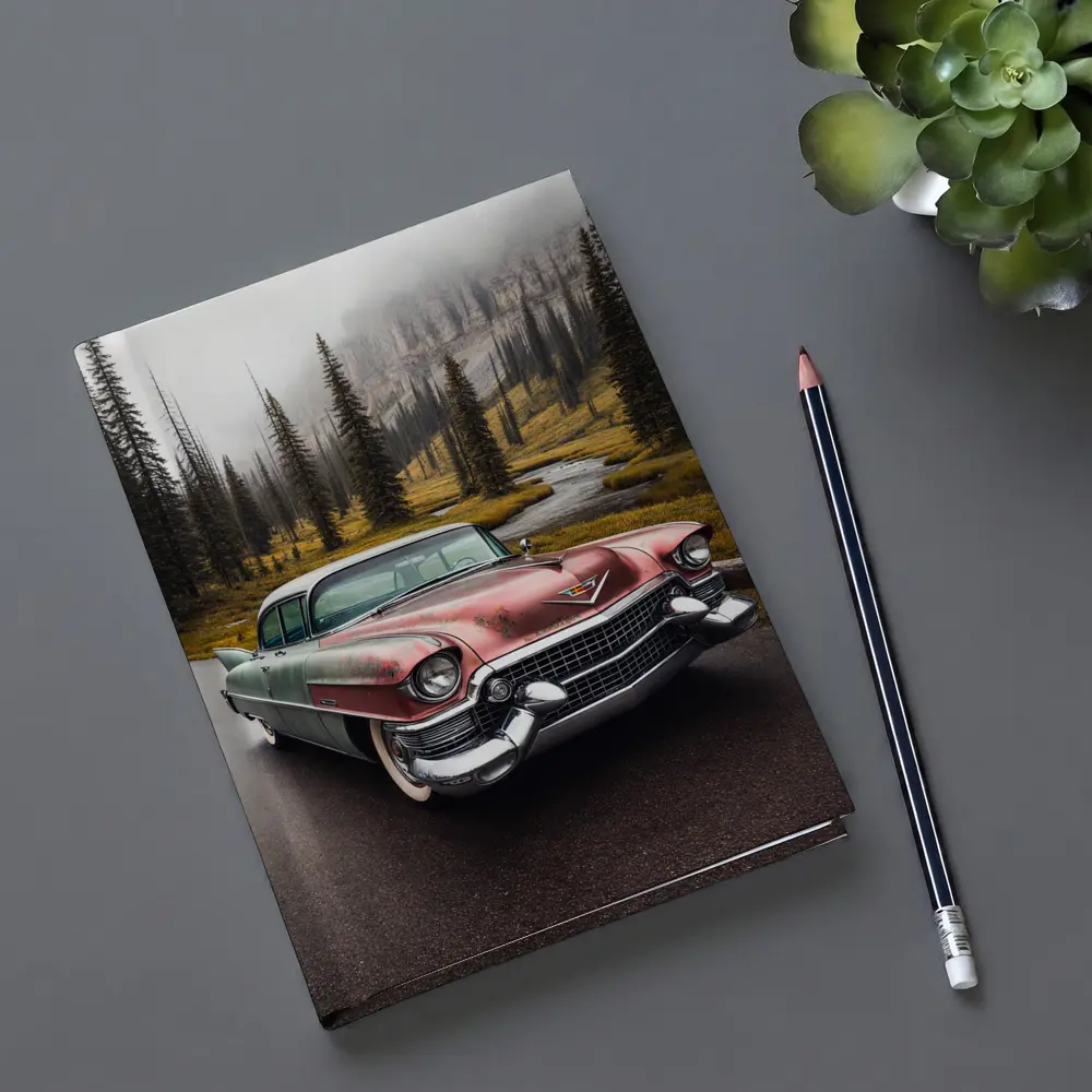 Vintage Cadillac Classic Car Misty Forest Road – Notebooks
