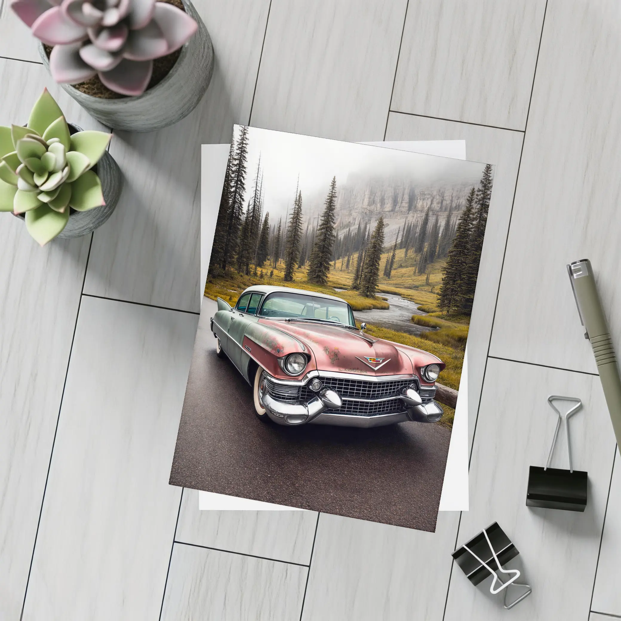 Vintage Cadillac Classic Car Misty Forest Road – Postcards