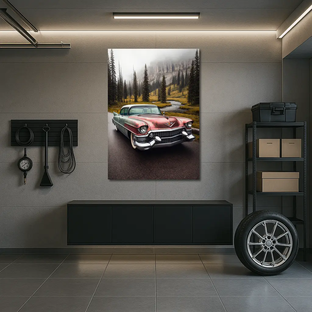 Vintage Cadillac Classic Car Misty Forest Road – Wall Art