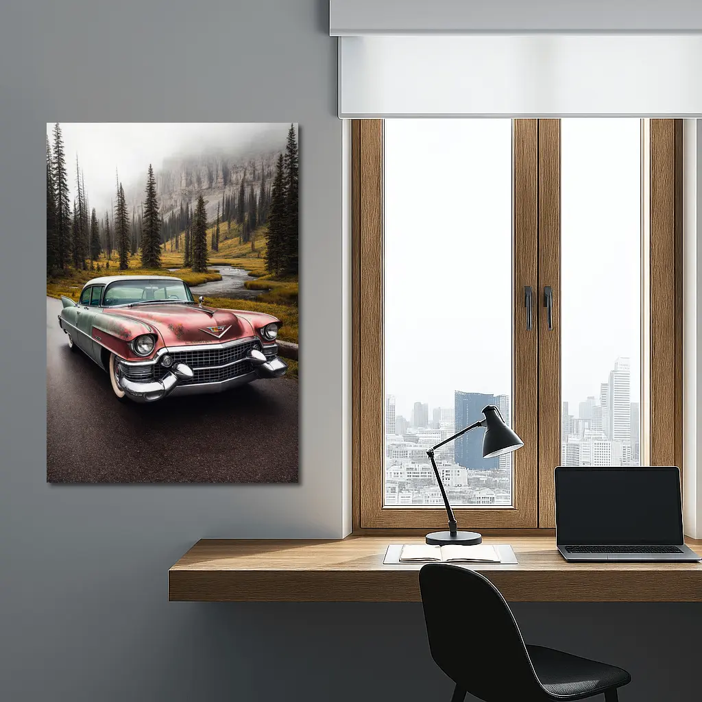 Vintage Cadillac Classic Car Misty Forest Road – Wall Art