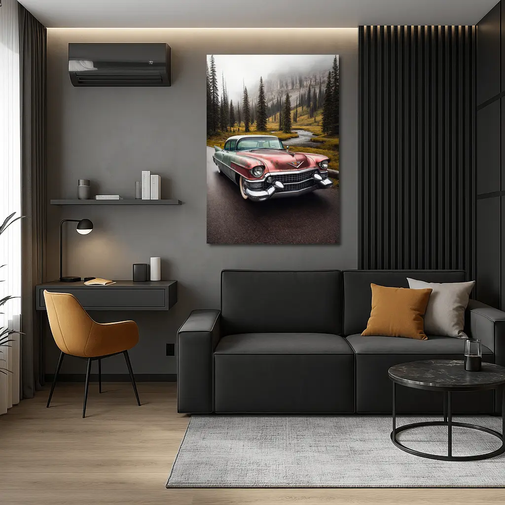 Vintage Cadillac Classic Car Misty Forest Road – Wall Art
