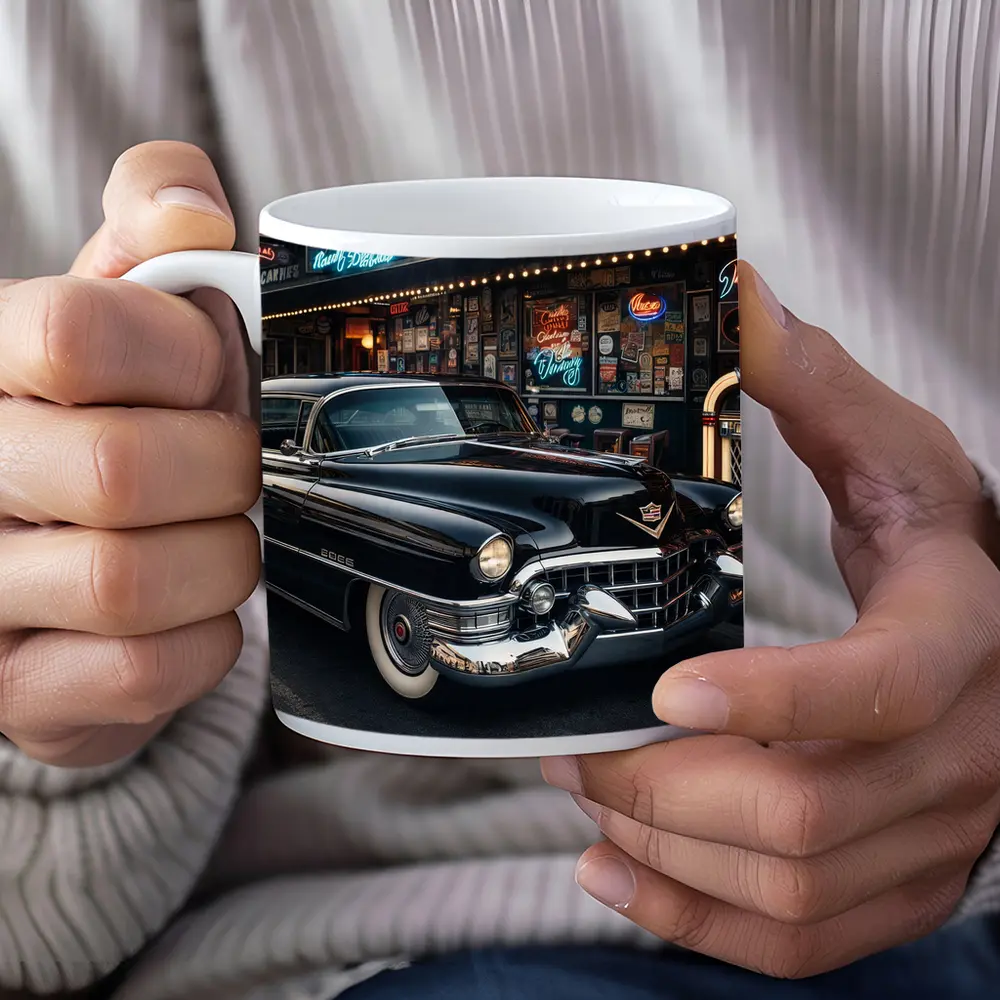 Black Cadillac Parked Outside Retro Diner – Mugs