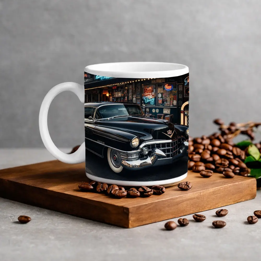 Black Cadillac Parked Outside Retro Diner – Mugs