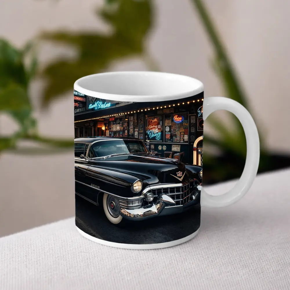 Black Cadillac Parked Outside Retro Diner – Mugs