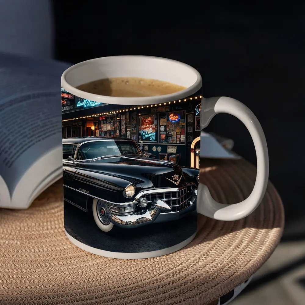 Black Cadillac Parked Outside Retro Diner – Mugs