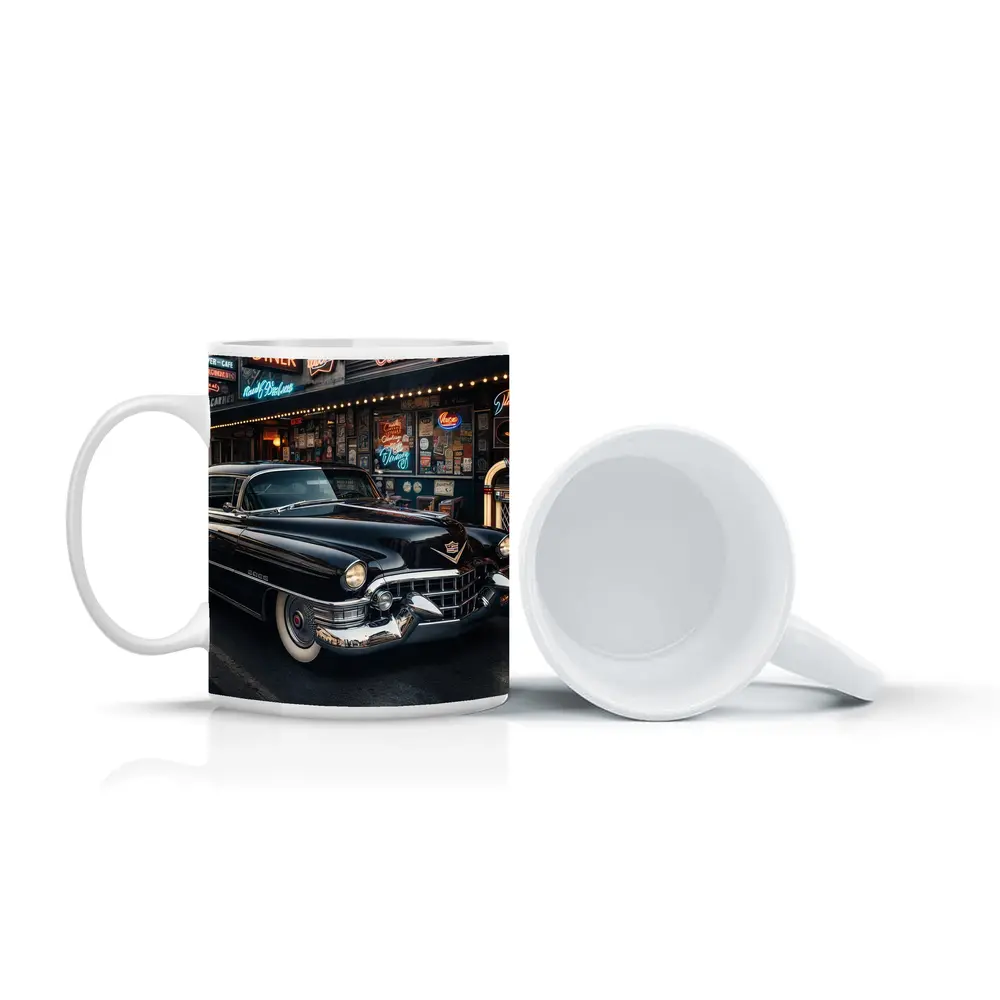 Black Cadillac Parked Outside Retro Diner – Mugs