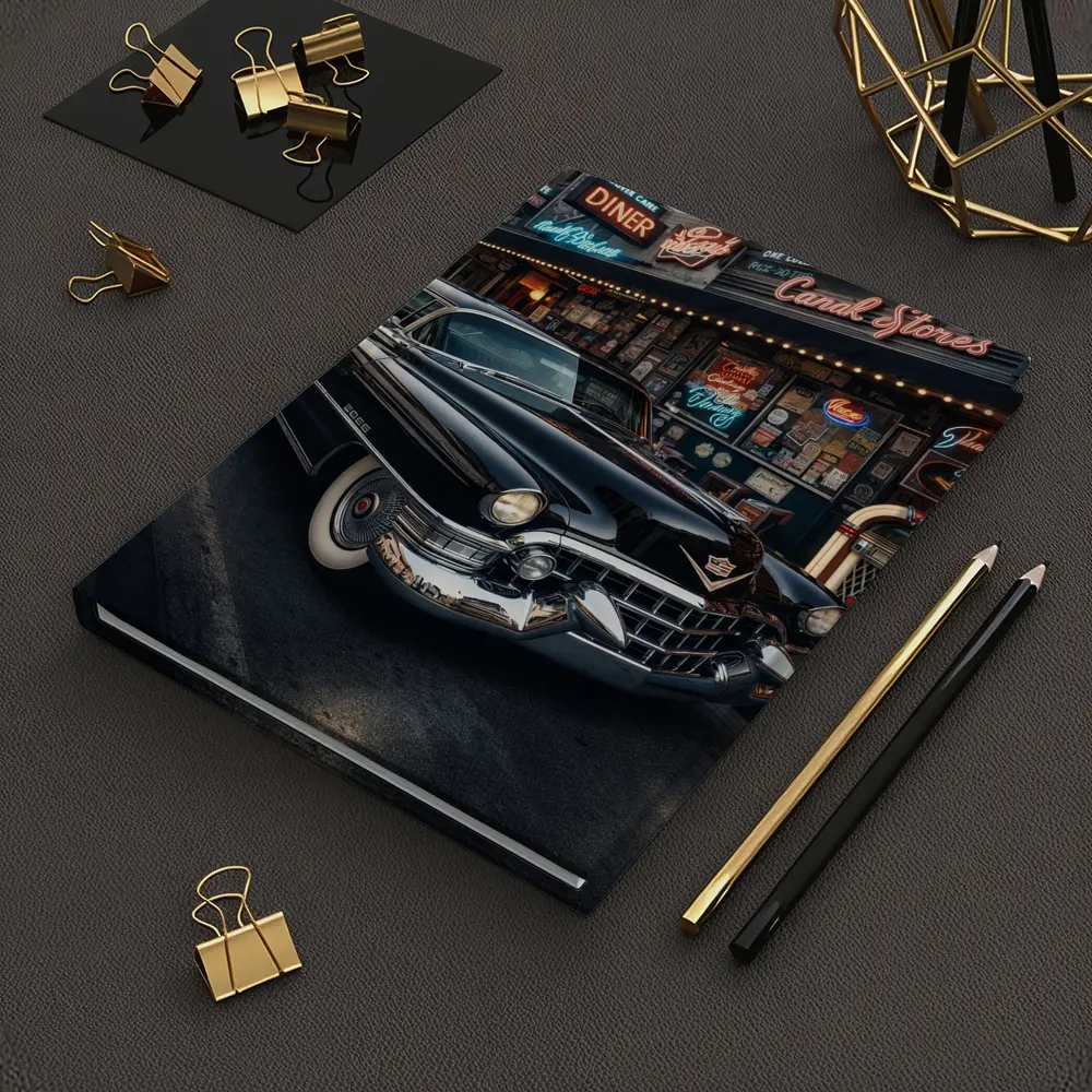 Black Cadillac Parked Outside Retro Diner – Notebooks