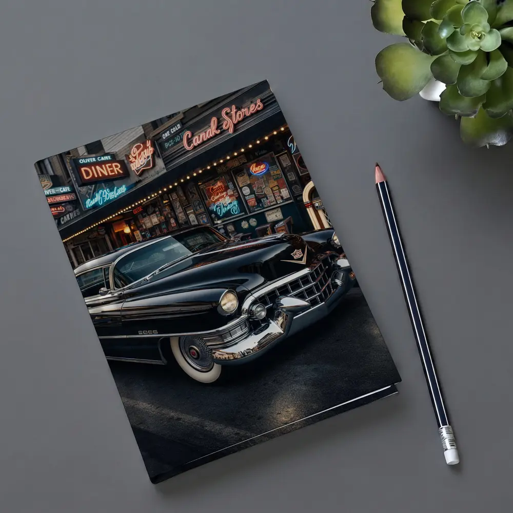 Black Cadillac Parked Outside Retro Diner – Notebooks