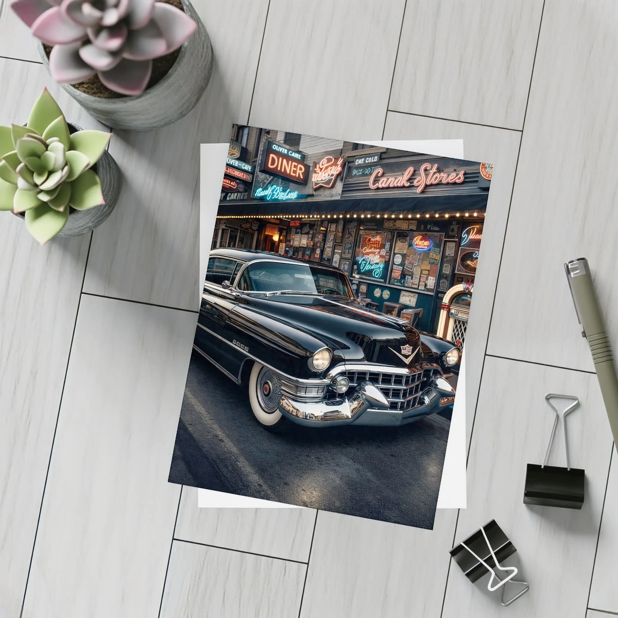 Black Cadillac Parked Outside Retro Diner – Postcards