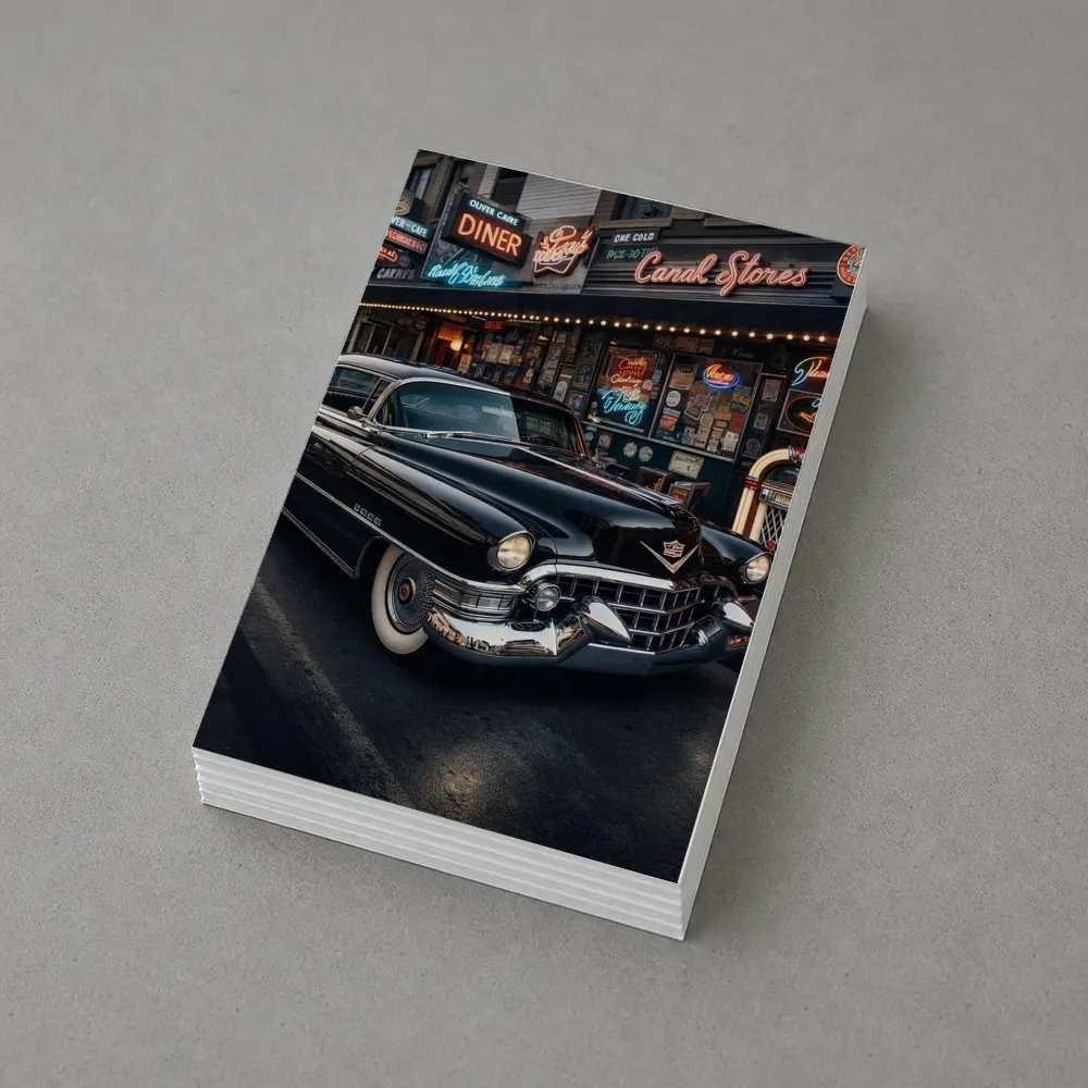 Black Cadillac Parked Outside Retro Diner – Postcards