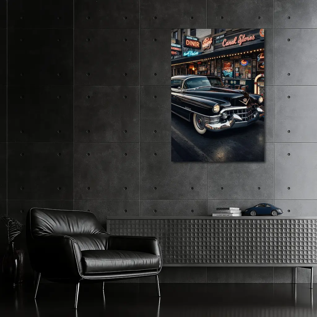 Black Cadillac Parked Outside Retro Diner – Wall Art