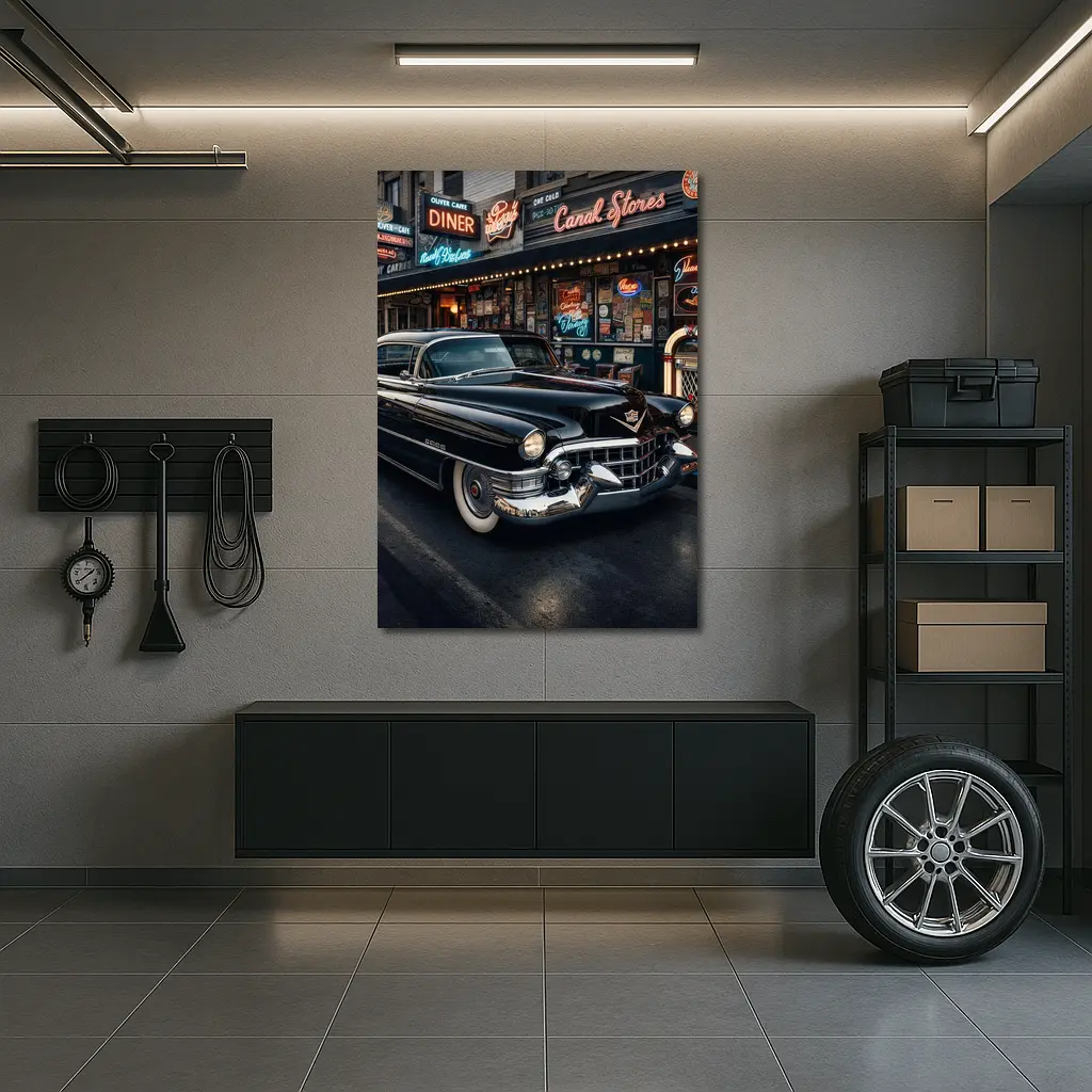 Black Cadillac Parked Outside Retro Diner – Wall Art