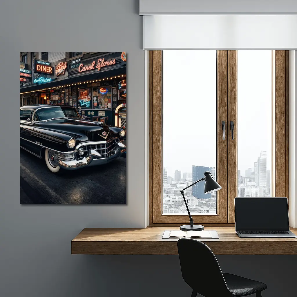 Black Cadillac Parked Outside Retro Diner – Wall Art
