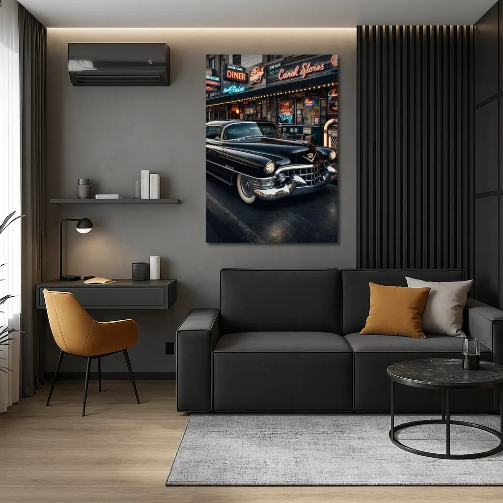 Black Cadillac Parked Outside Retro Diner – Wall Art