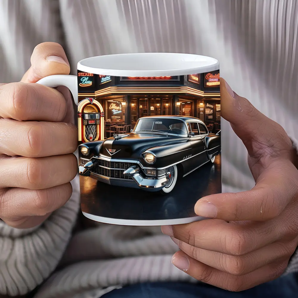 Black Cadillac Parked Outside Retro Diner – Mugs