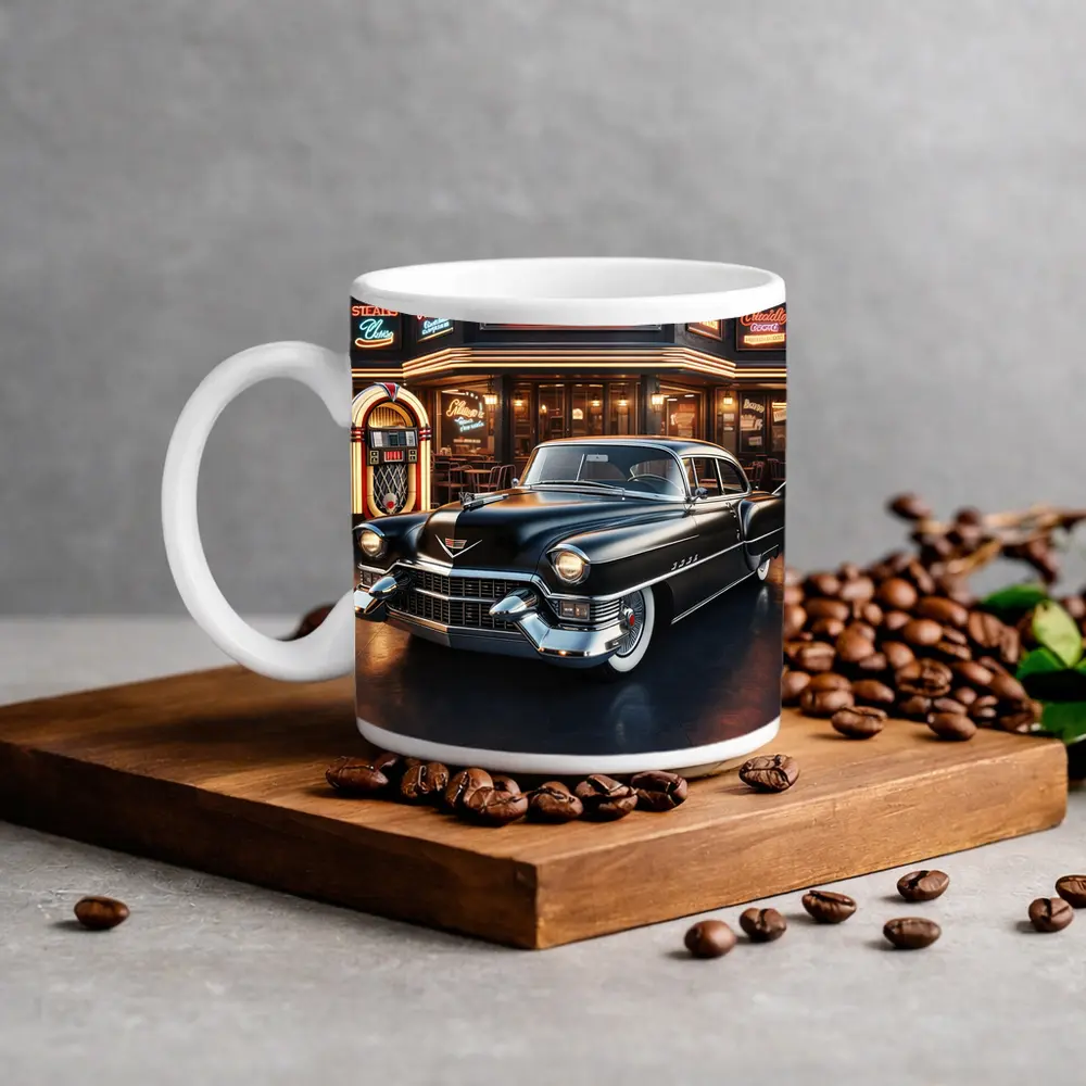 Black Cadillac Parked Outside Retro Diner – Mugs