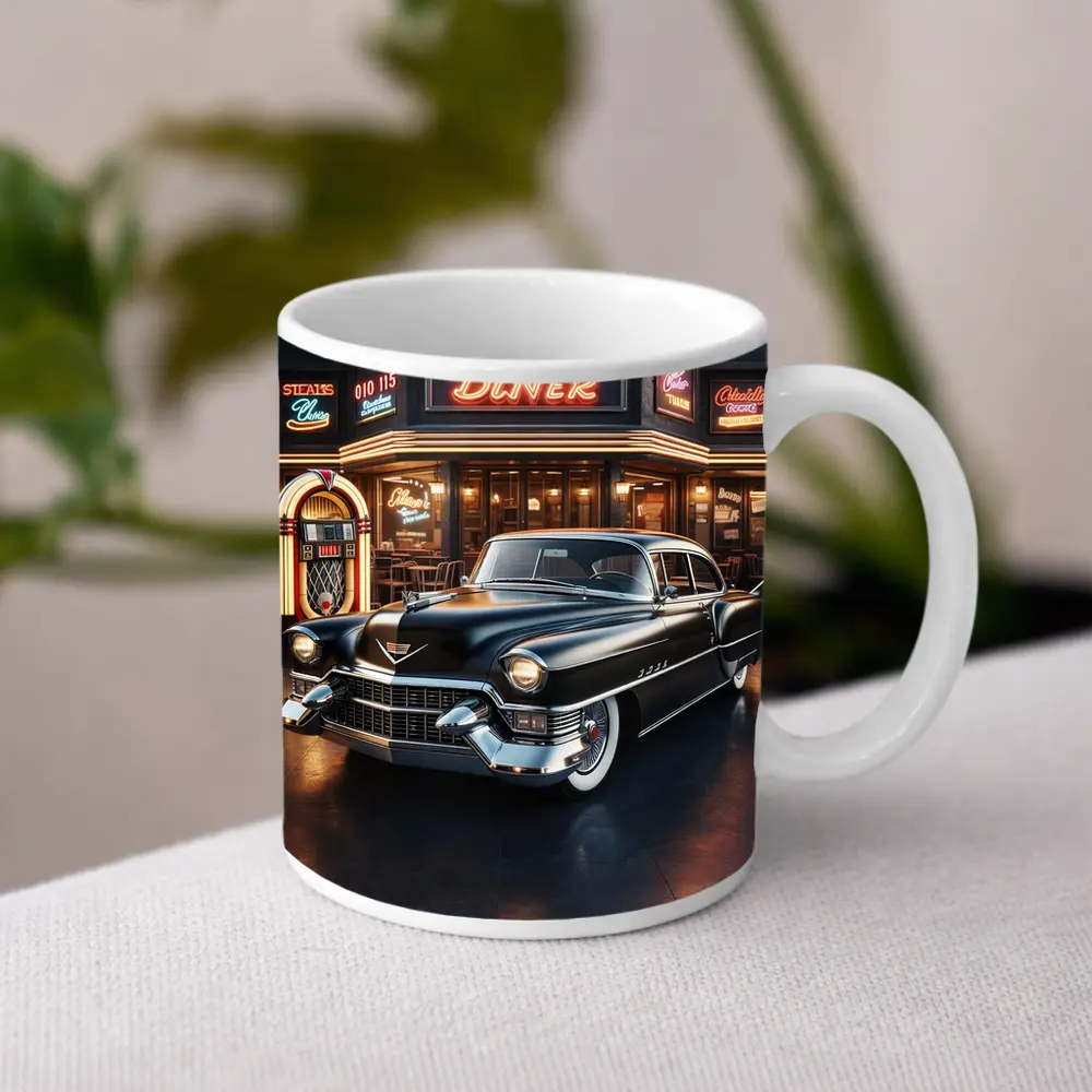 Black Cadillac Parked Outside Retro Diner – Mugs