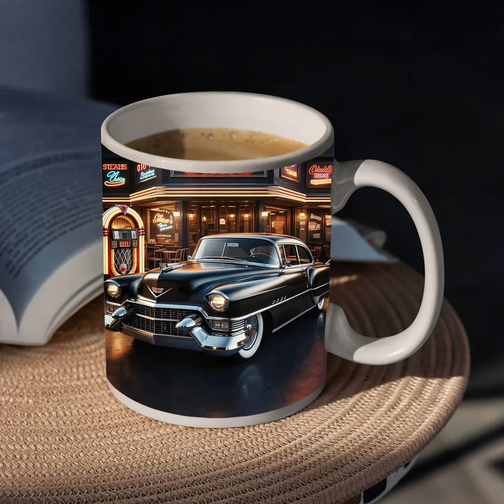 Black Cadillac Parked Outside Retro Diner – Mugs