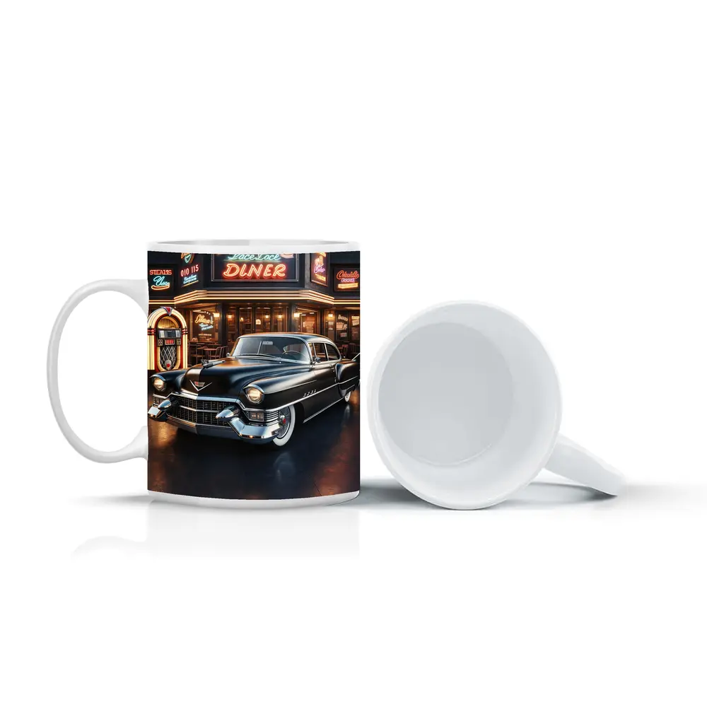 Black Cadillac Parked Outside Retro Diner – Mugs