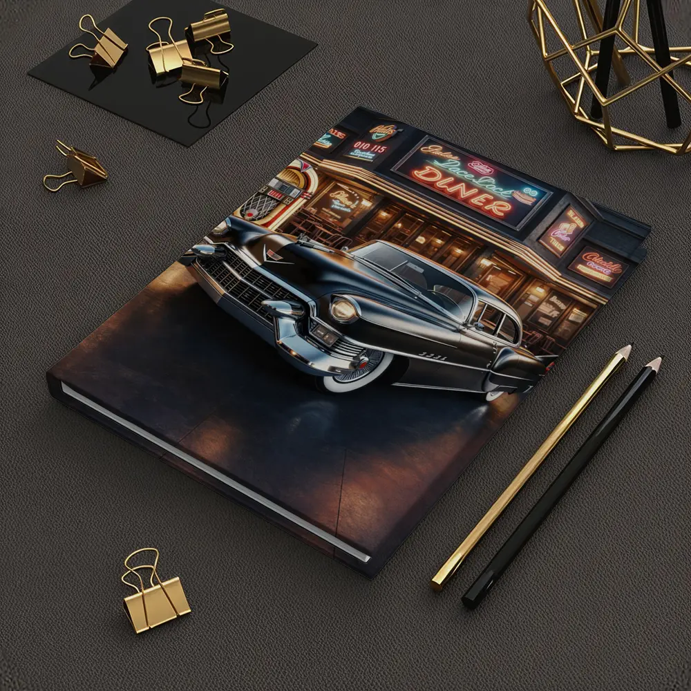 Black Cadillac Parked Outside Retro Diner – Notebooks