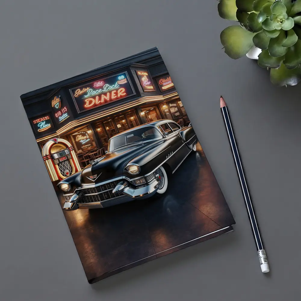 Black Cadillac Parked Outside Retro Diner – Notebooks