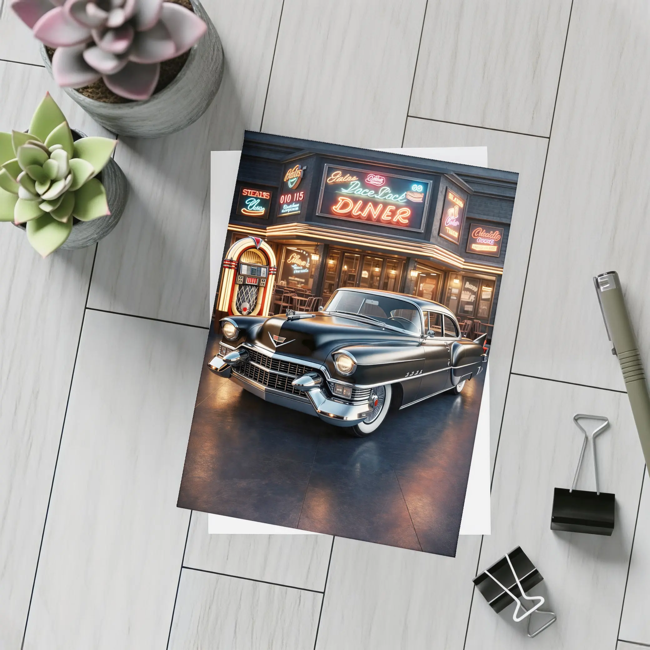 Black Cadillac Parked Outside Retro Diner – Postcards