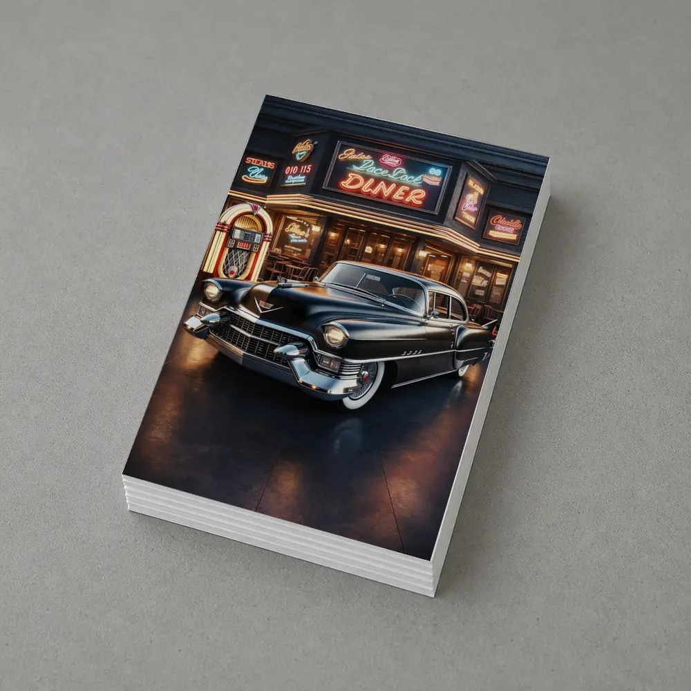 Black Cadillac Parked Outside Retro Diner – Postcards