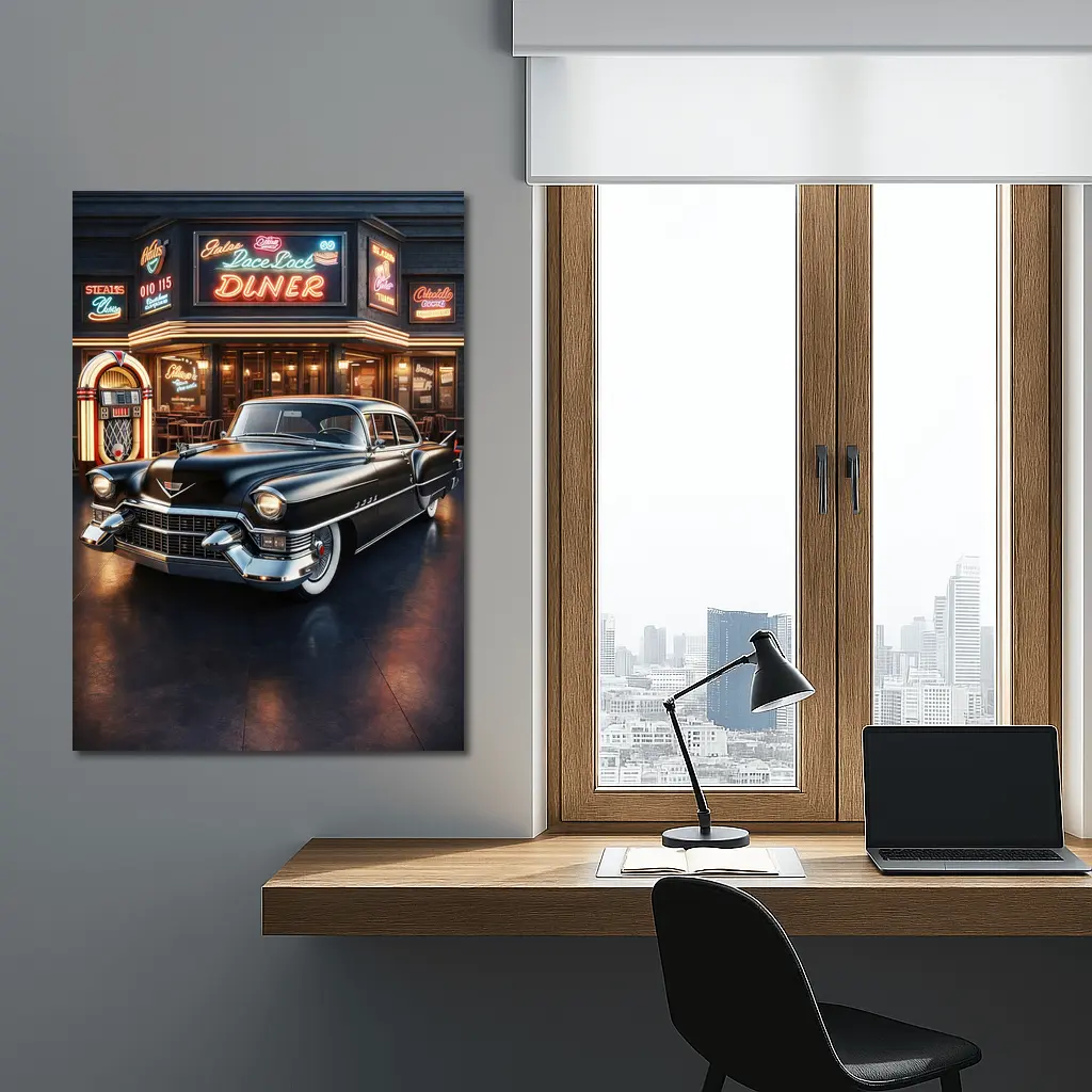 Black Cadillac Parked Outside Retro Diner – Wall Art