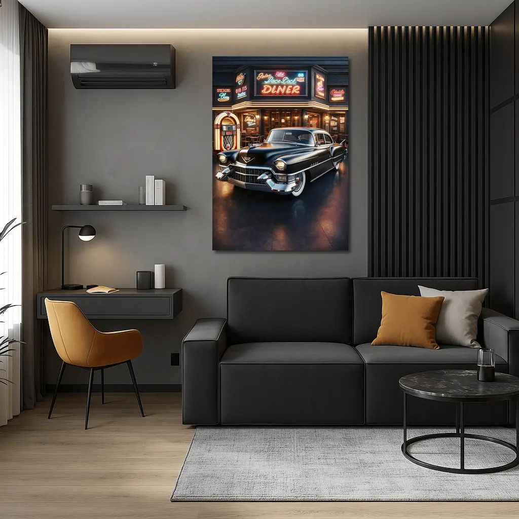 Black Cadillac Parked Outside Retro Diner – Wall Art