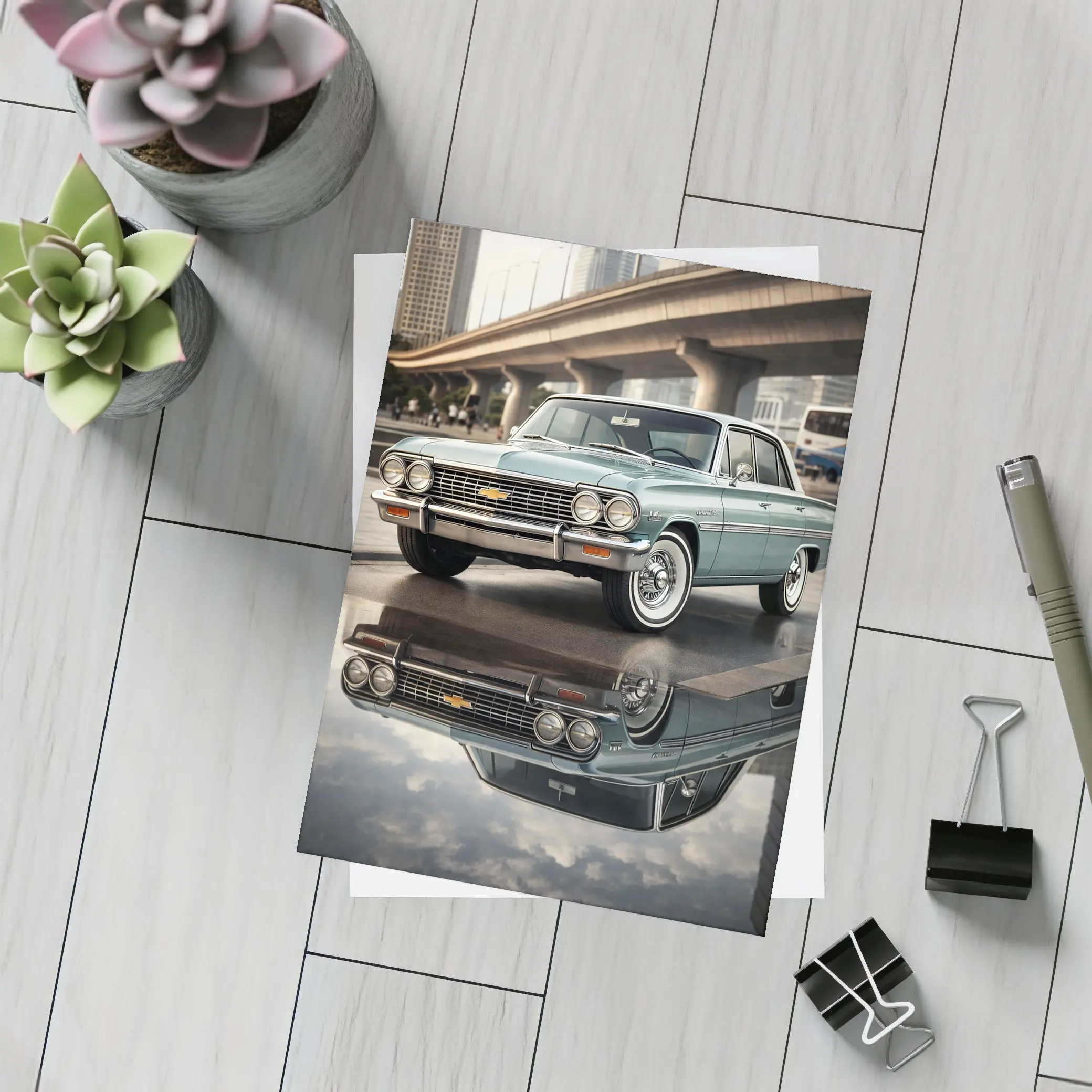 Chevrolet Malibu Classic Reflection City Background – Postcards