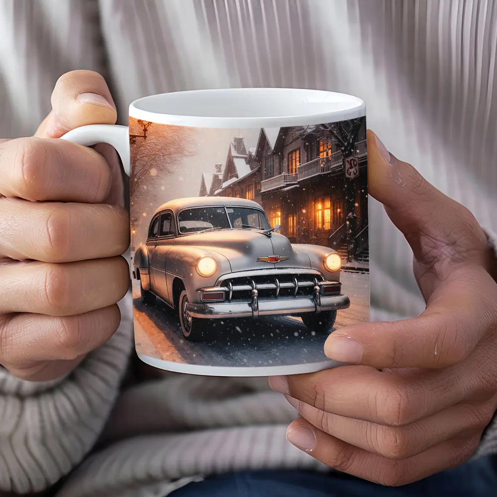 Vintage Chevrolet Classic Car Snowy Street – Mugs