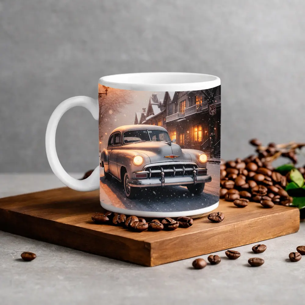 Vintage Chevrolet Classic Car Snowy Street – Mugs