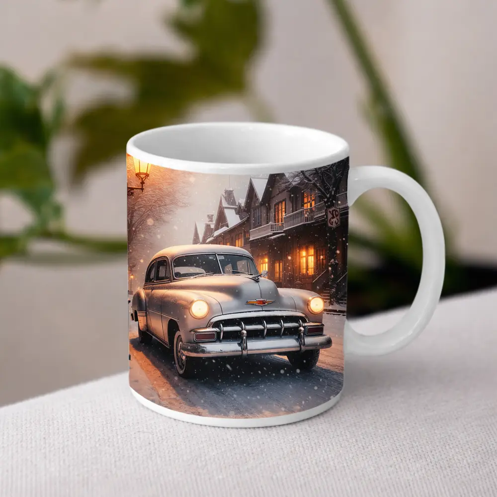 Vintage Chevrolet Classic Car Snowy Street – Mugs