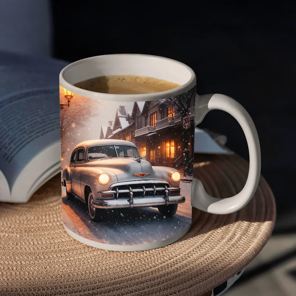 Vintage Chevrolet Classic Car Snowy Street – Mugs