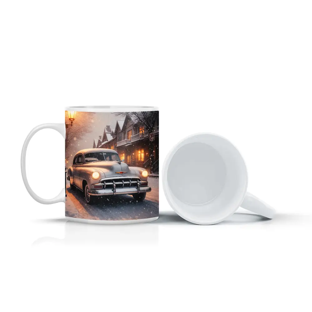 Vintage Chevrolet Classic Car Snowy Street – Mugs