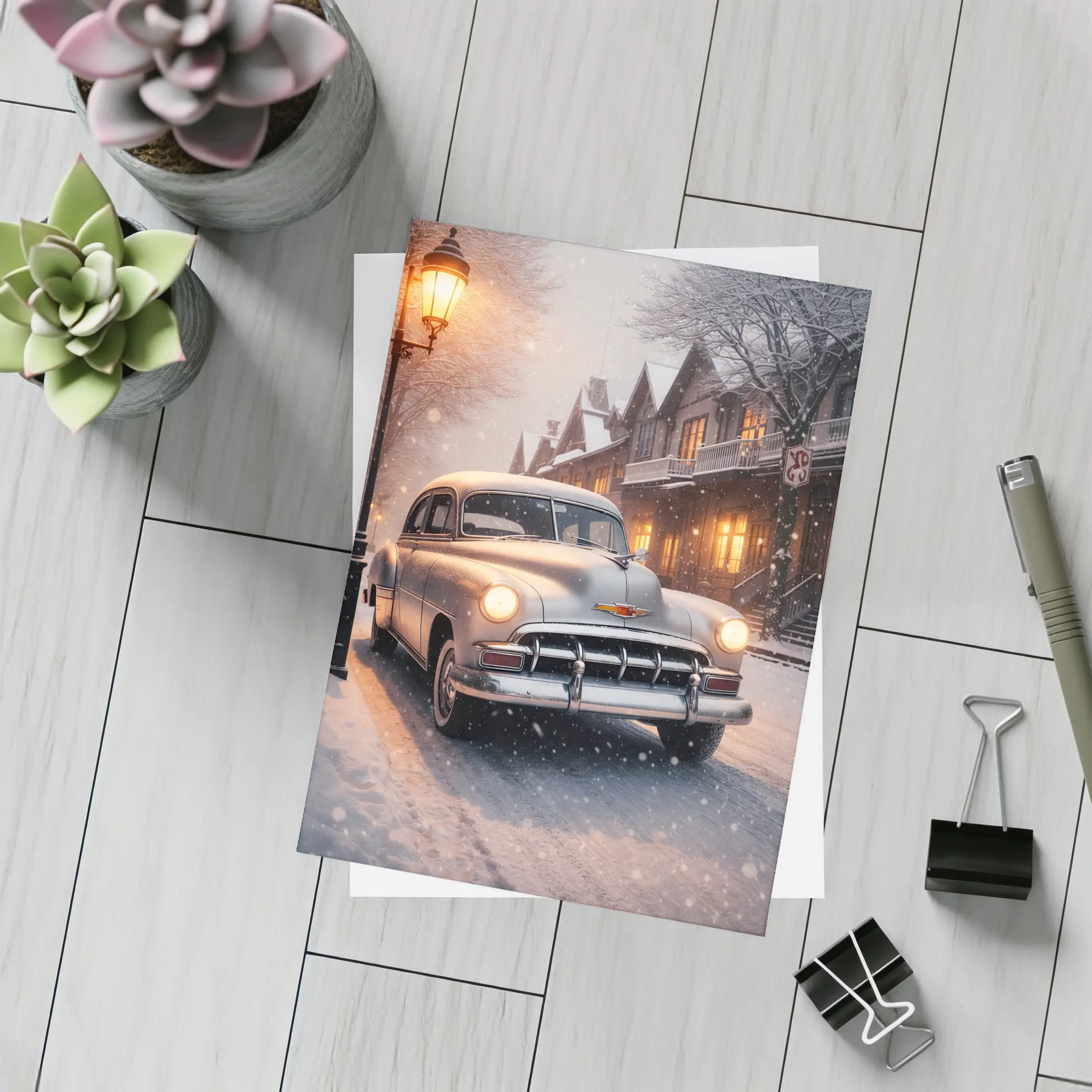 Vintage Chevrolet Classic Car Snowy Street – Postcards